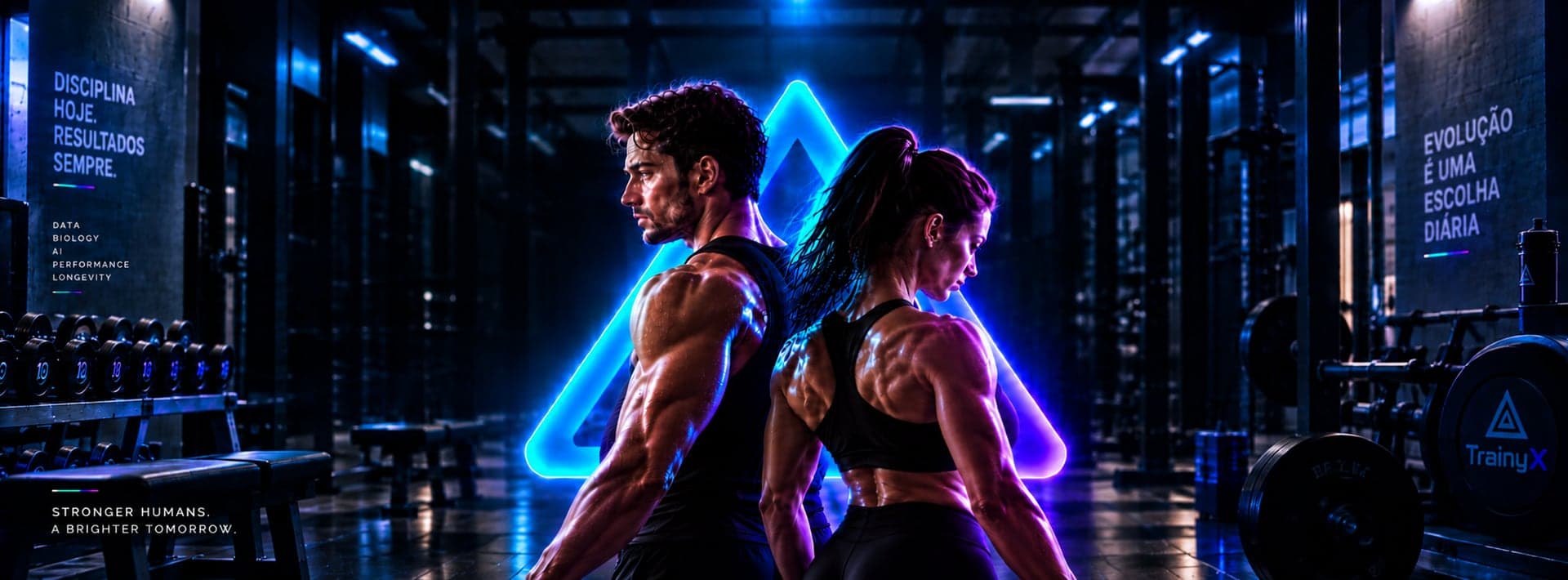 TrainyX — The Intelligence Layer for Human Performance. Casal de atletas em academia neon com triângulo luminoso, Disciplina hoje. Resultados sempre. Evolução é uma escolha diária.